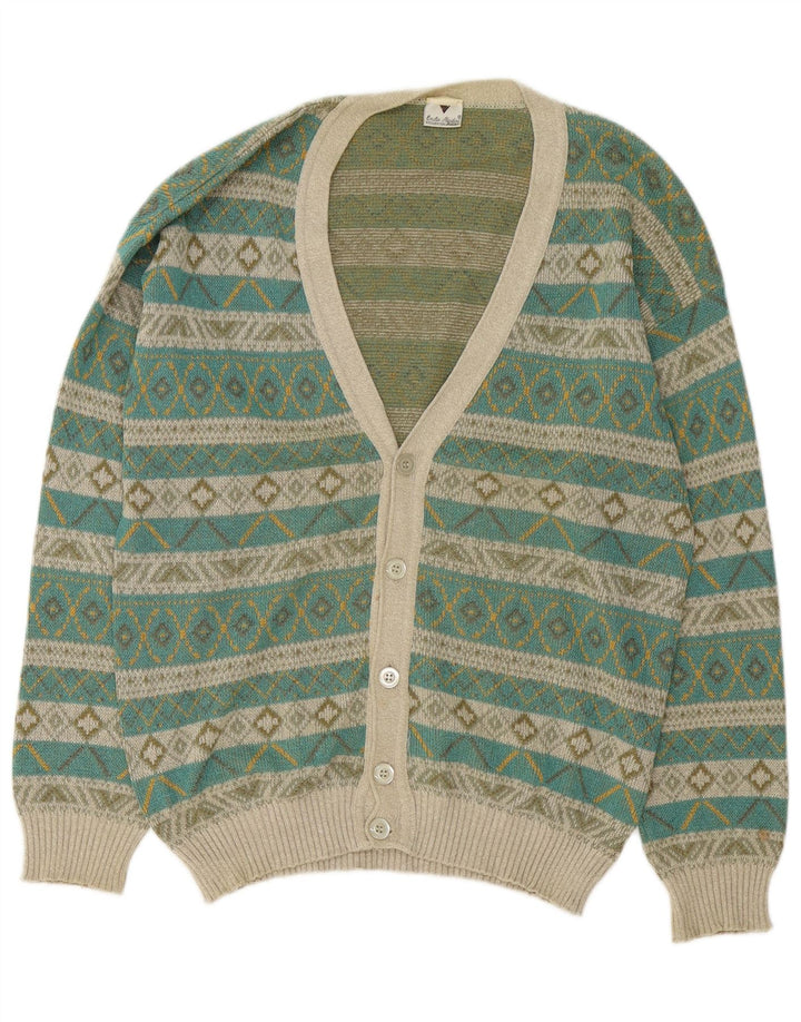 VINTAGE Hombres Cardigan Suéter Medio Verde Fair Isle
