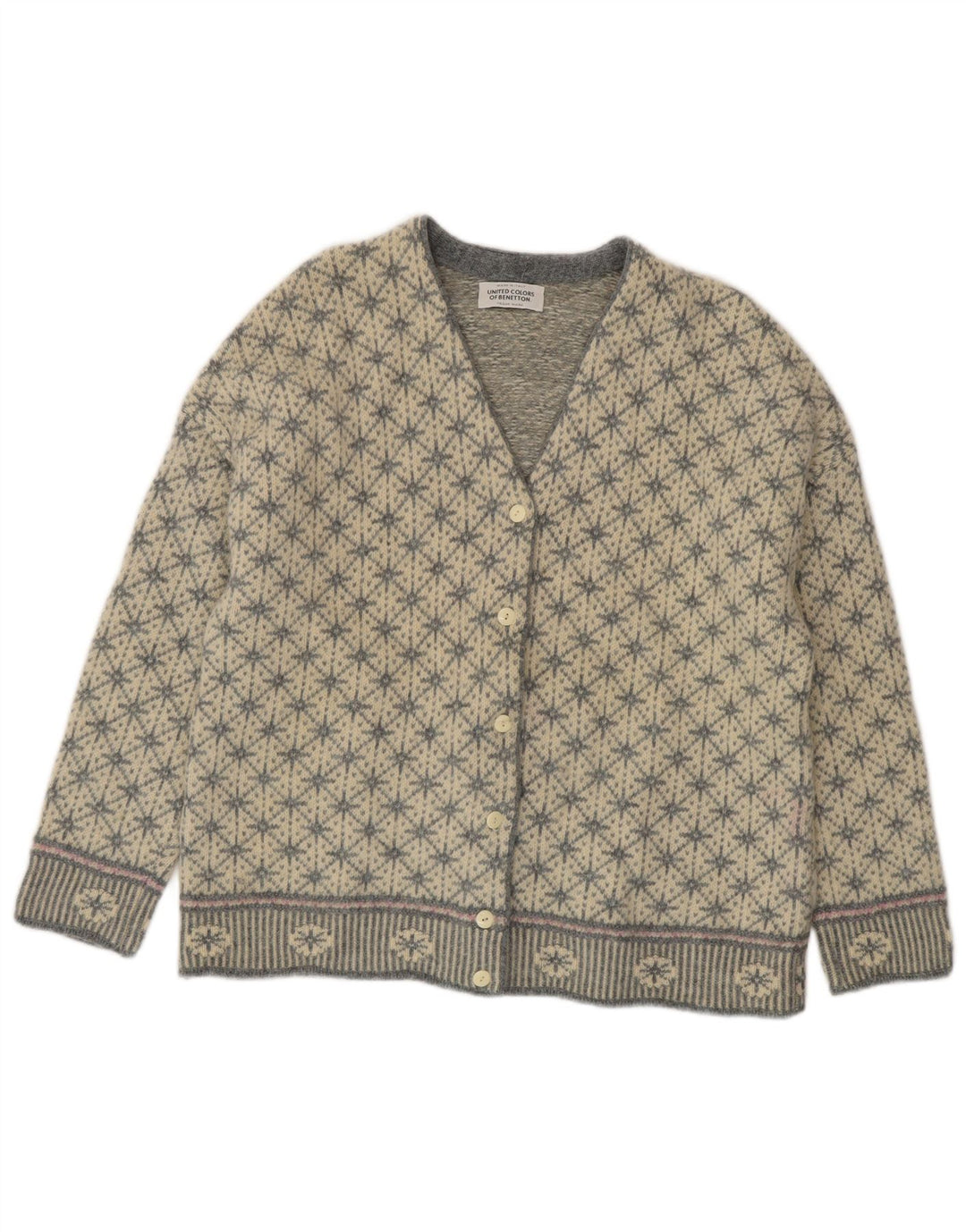 BENETTON Suéter tipo cárdigan extragrande para mujer UK 10 Small Grey Fair Isle