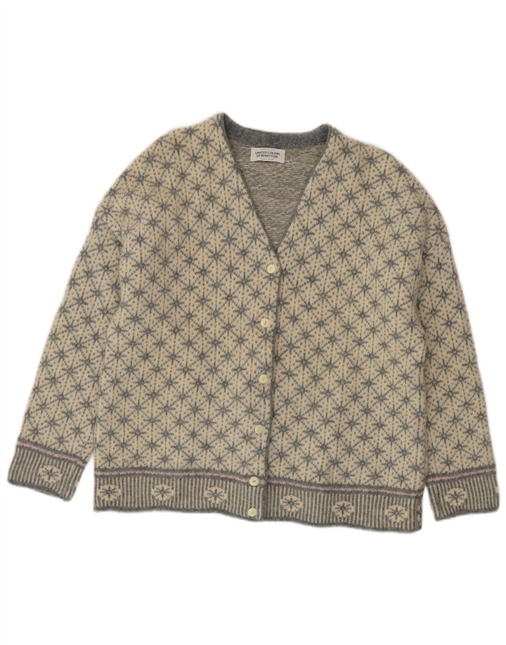 BENETTON Suéter tipo cárdigan extragrande para mujer UK 10 Small Grey Fair Isle