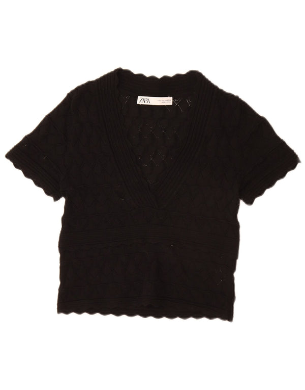Zara Mujer Crop Blusa Top UK 10 Small Viscosa Negra