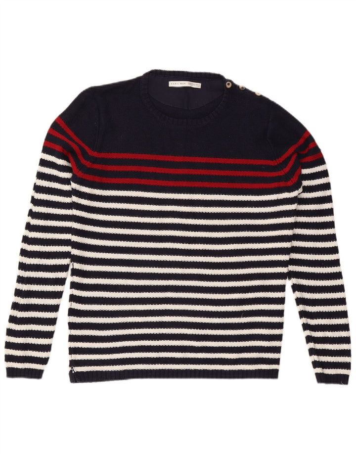 Zara Hombre Jersey Cuello Redondo Jersey XL Azul Marino Rayas Algodón