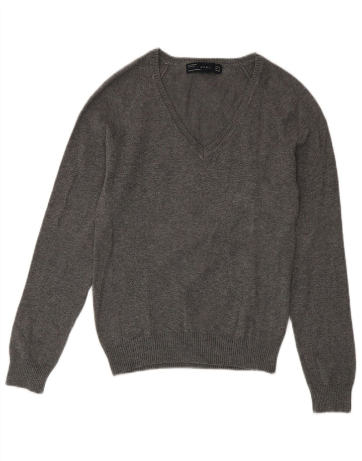Zara - Jersey con cuello en V para mujer, talla 42, algodón gris medio