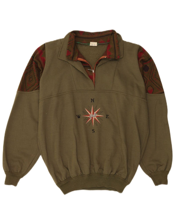 Vintage hombres gráfico cremallera cuello sudadera jumper grande caqui geométrico