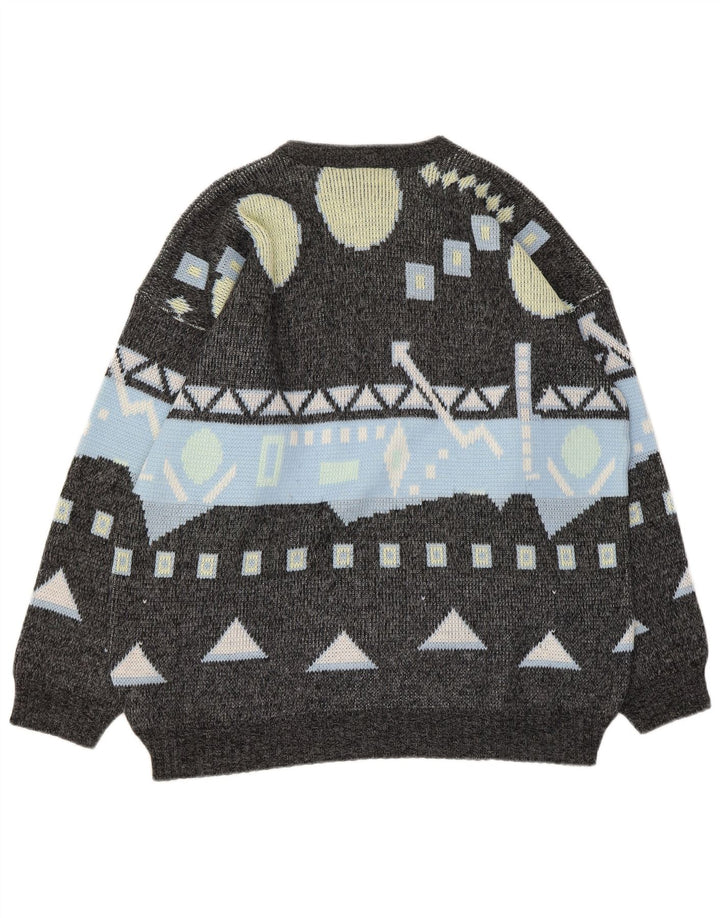 Vintage hombres cuello redondo jersey suéter grande gris geométrico