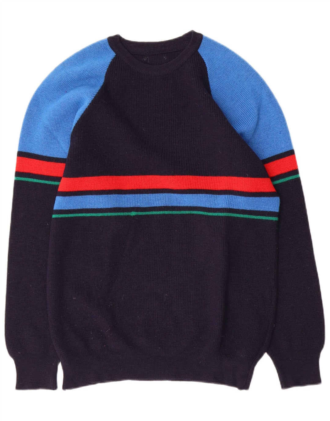Vintage hombres cuello redondo jersey suéter medio azul marino colorblock