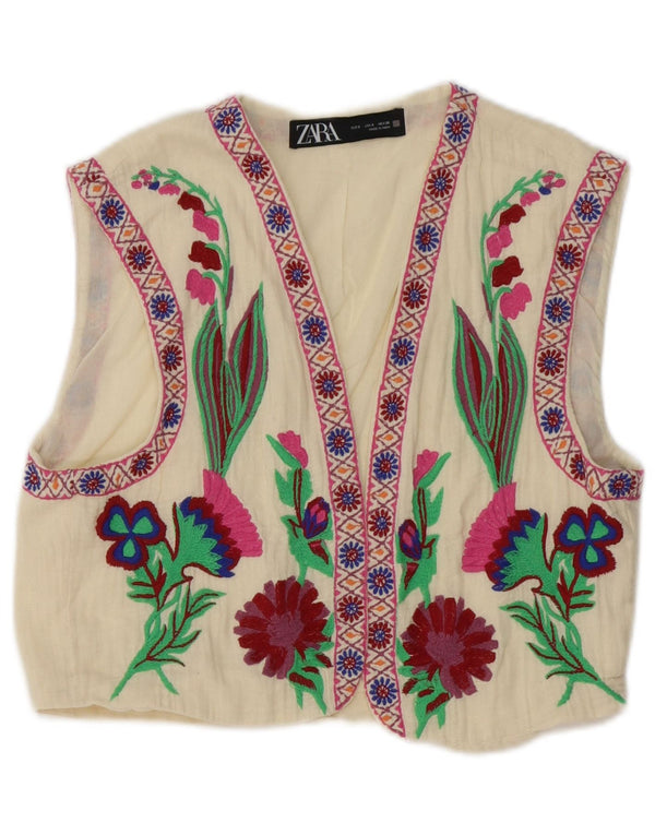 Zara Mujer Chaleco UK 10 Pequeño Algodón Floral Blanco