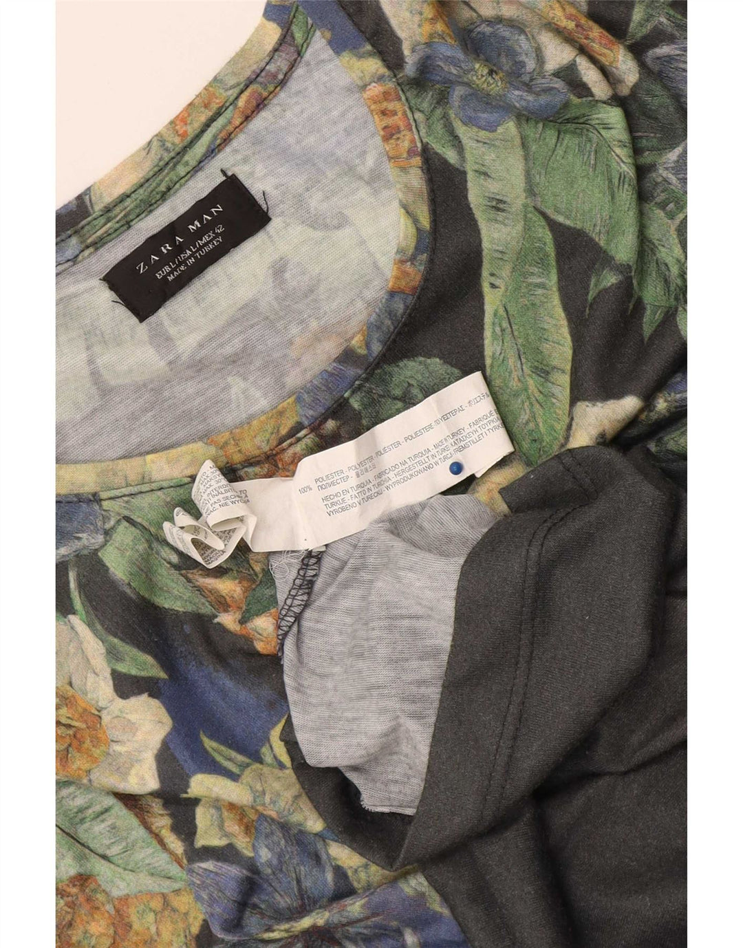 Zara Hombre Camiseta Gráfica Top Grande Gris Floral Poliéster