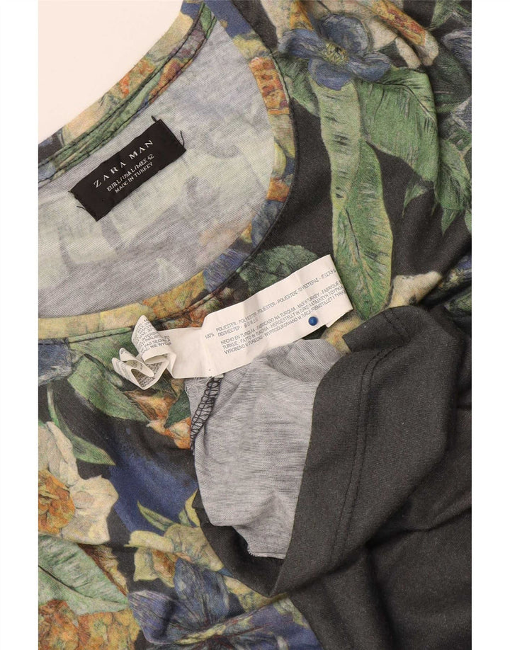 Zara Hombre Camiseta Gráfica Top Grande Gris Floral Poliéster