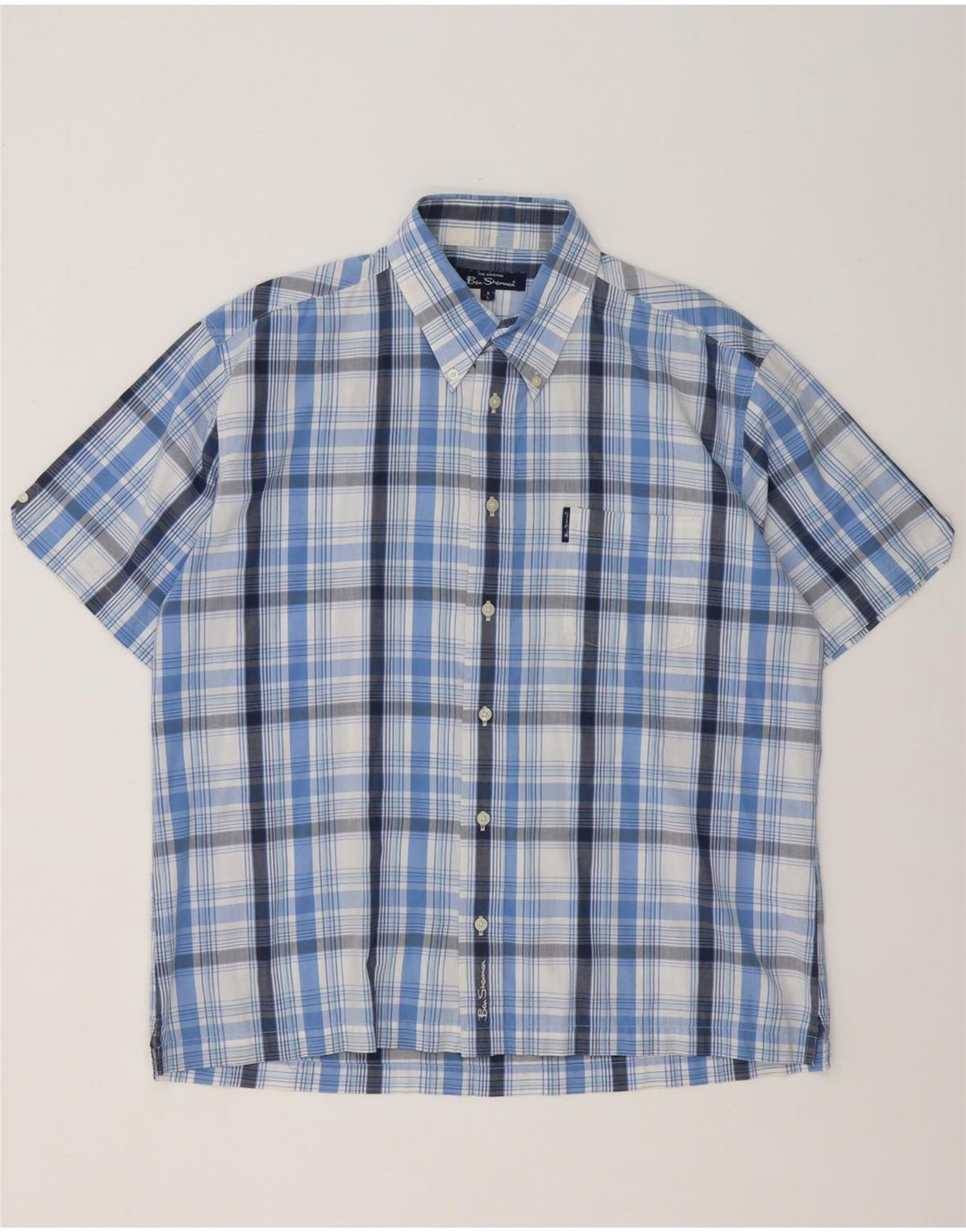 Ben Sherman Camisa de manga corta para hombre de algodón a cuadros azul grande