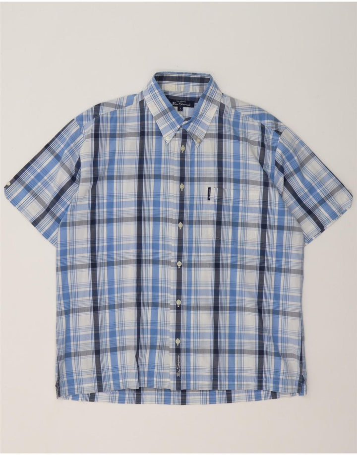 Ben Sherman Camisa de manga corta para hombre de algodón a cuadros azul grande