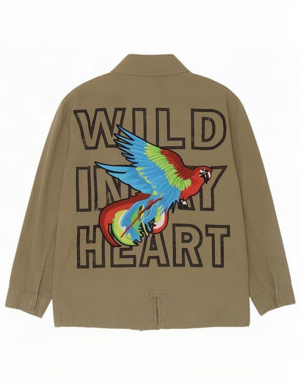 Zara Mens Graphic Bomber Jacket UK 36 Small Khaki Cotton
