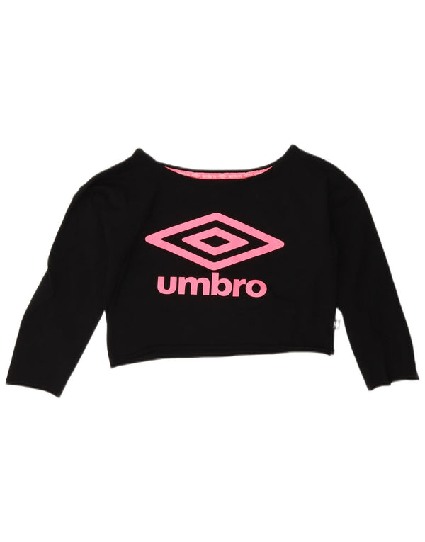 Umbro Top corto con gráfico para niña, manga larga, 11-12 años, algodón negro mediano