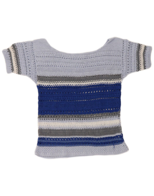 Vintage mujer crochet blusa Top Reino Unido 10 pequeño azul rayas