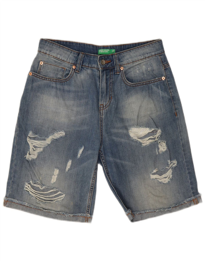 BENETTON Pantalones cortos vaqueros desgastados para mujer W27 Algodón azul pequeño