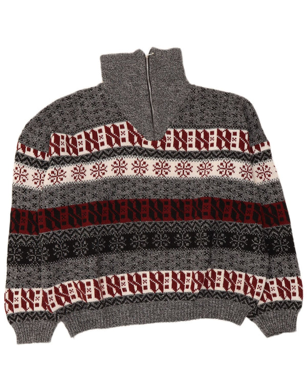 Vintage mujer zip cuello jersey suéter Reino Unido 14 gris medio Fair Isle