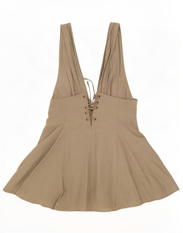 Zara Vestido Mini Sin Mangas Acampanado para Mujer UK 10 Small Caqui