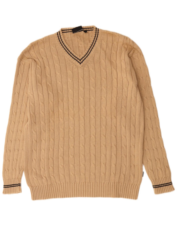Vintage hombres V-cuello jumper suéter grande algodón beige