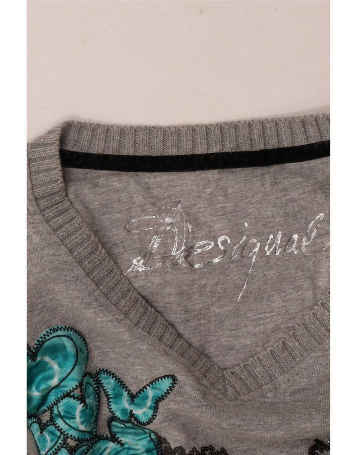 Desigual Mujer Gráfico Top Manga Larga Reino Unido 14 Medio Gris Corazón