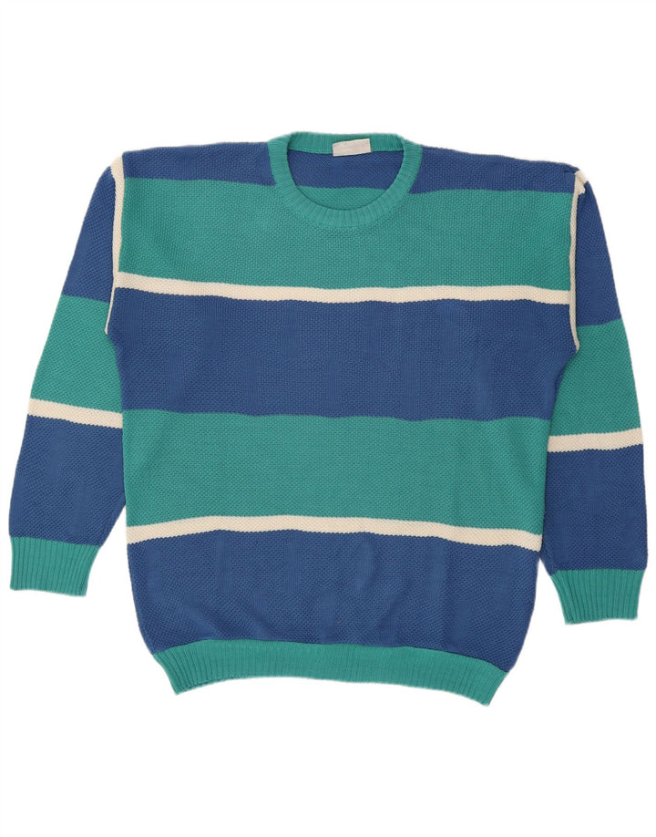 Vintage hombres cuello redondo jersey suéter grande azul rayas