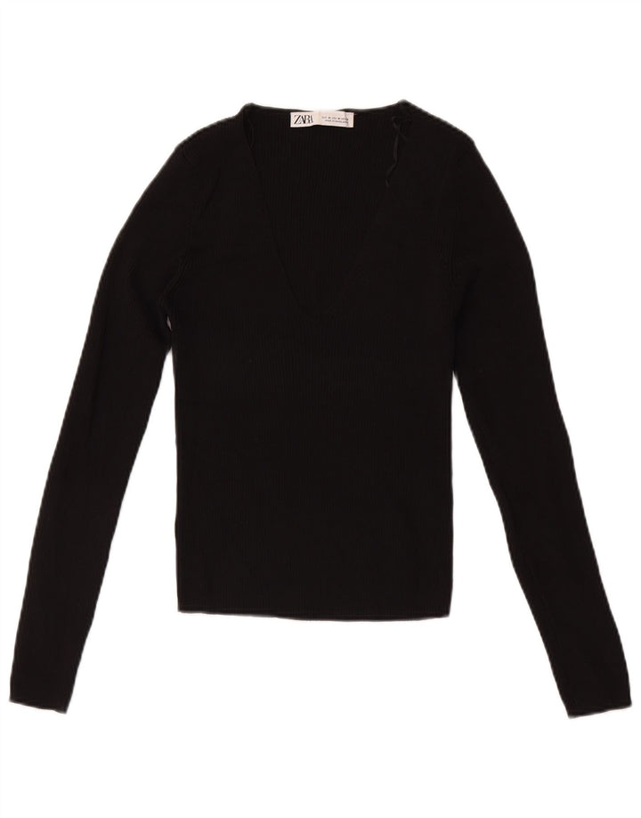 Zara Mujer Crop Top Manga Larga UK 42 Medium Black Viscosa