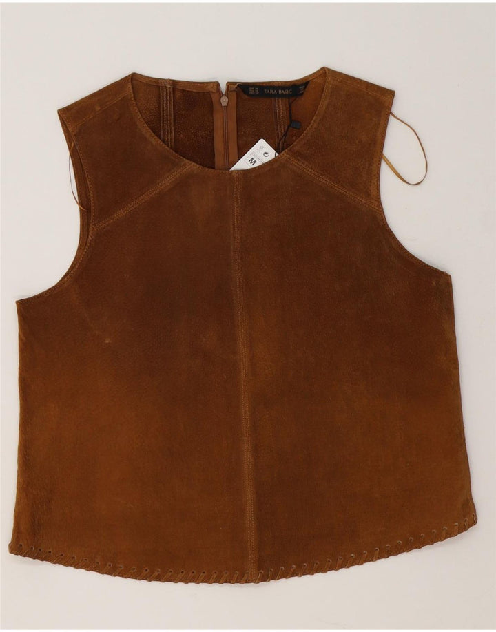 Zara Mujer Blusa De Ante Sin Mangas Top UK 44 Cuero Marrón Medio