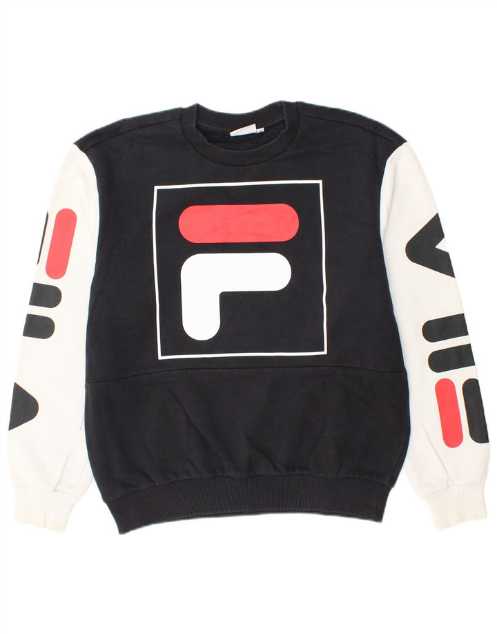 FILA Mens Graphic Sweatshirt Jumper Small Navy Blue Colourblock Cotton