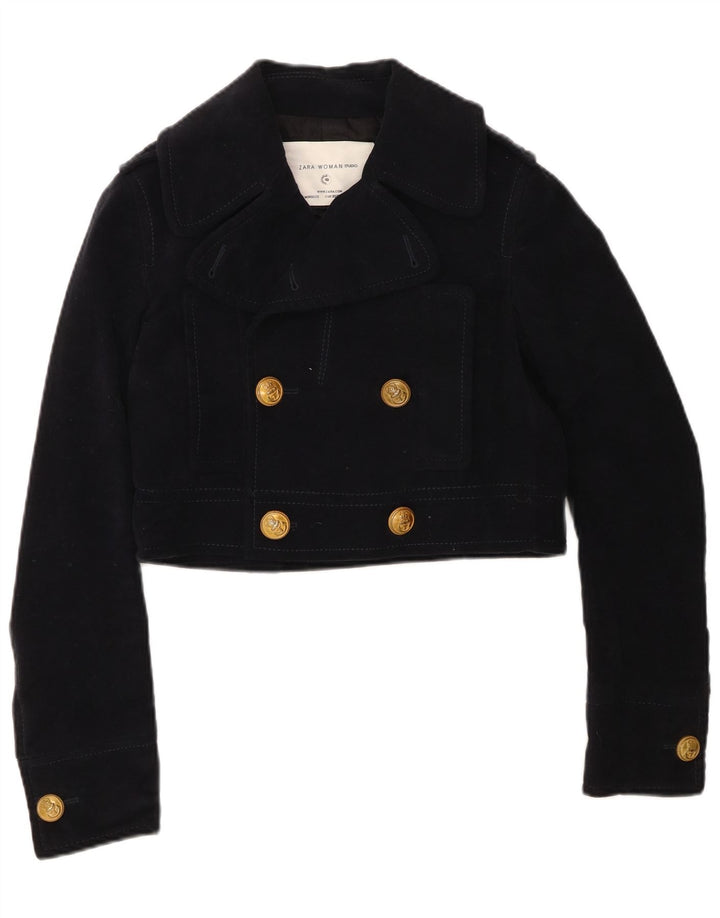 Zara Mujer Crop Chaqueta Bomber De Doble Botonadura UK 6 XS Azul Marino Algodón