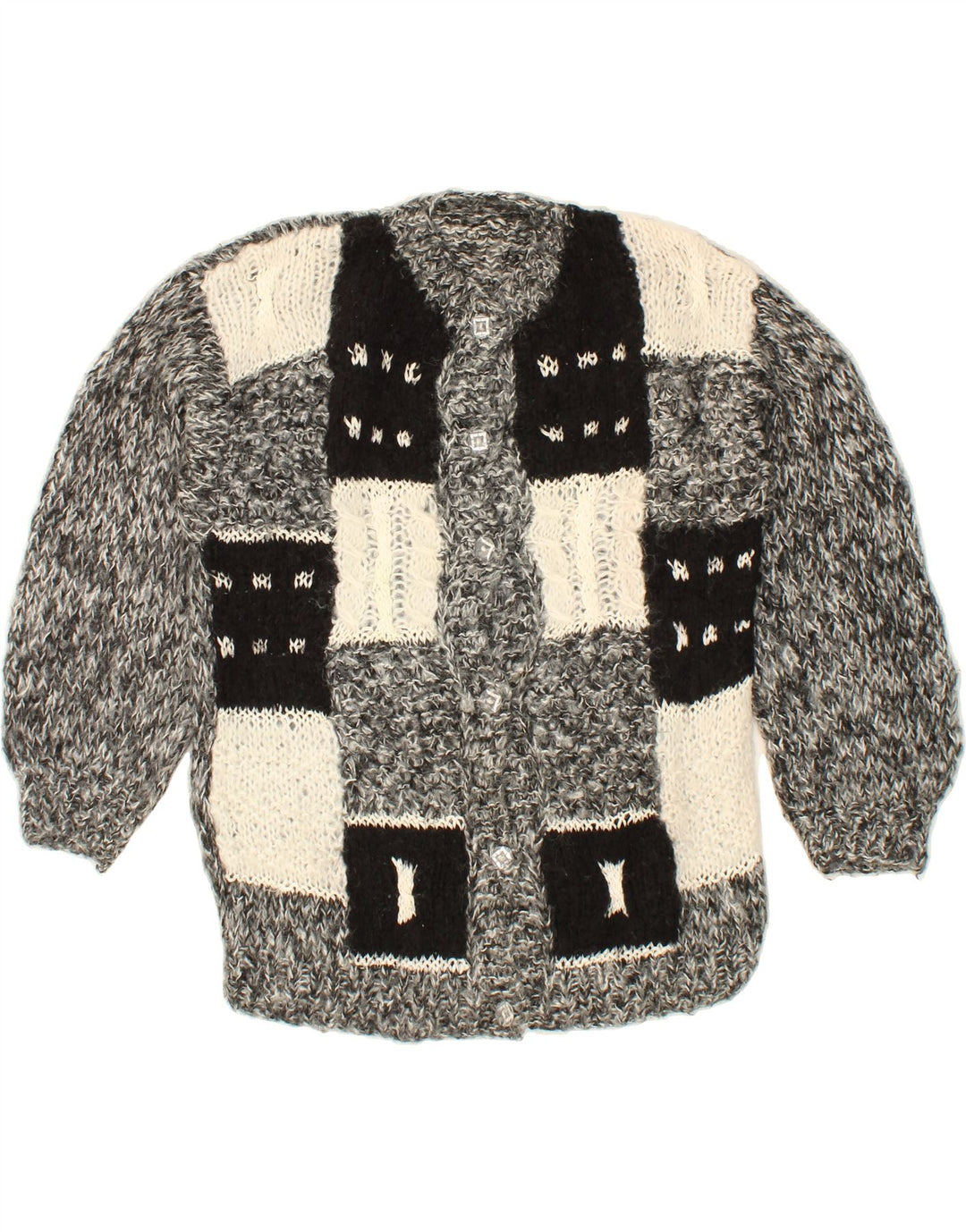 VINTAGE Womens Cardigan Sweater UK 16 Large Grey Patchwork Vintage Vintage and Second-Hand Vintage from Messina Hembry 