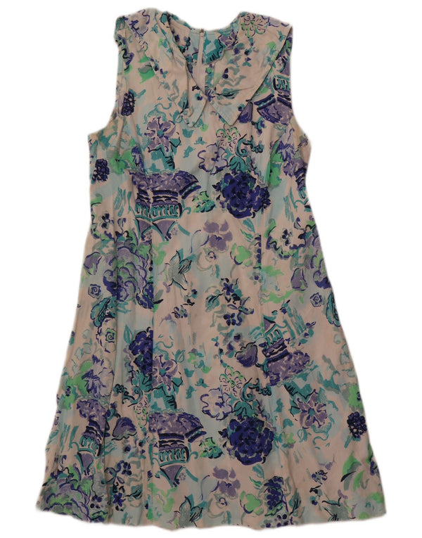 Vintage mujer sin mangas A-Line vestido Reino Unido 12 medio off blanco floral