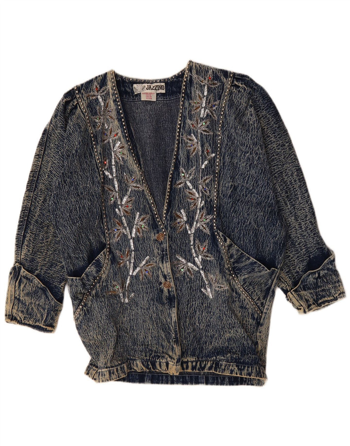 JAZZINO Chaqueta vaquera extragrande de manga 3/4 para mujer UK 40 XL Azul Floral