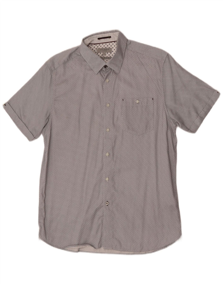 Ted Baker Camisa de manga corta para hombre Talla 4 Grande Gris Algodón geométrico