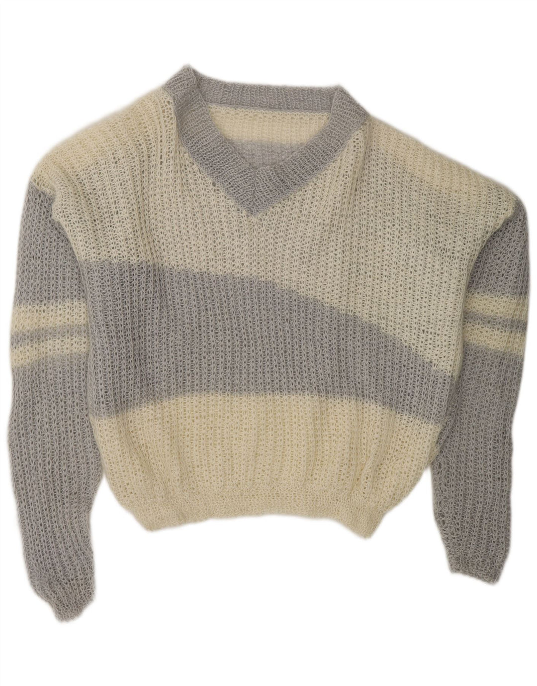 VINTAGE Suéter de jersey con cuello en V para mujer Reino Unido 20 2XL Bloque de color blanco apagado