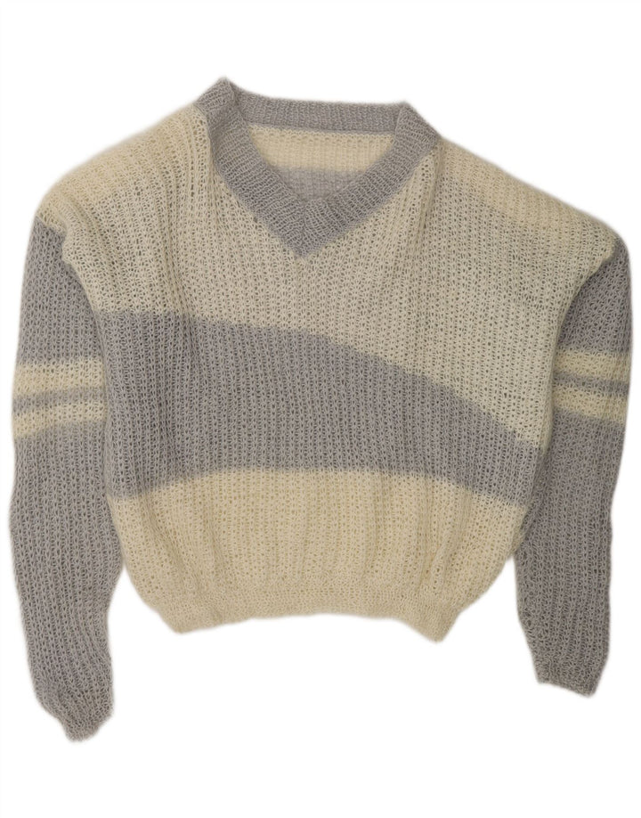 VINTAGE Suéter de jersey con cuello en V para mujer Reino Unido 20 2XL Bloque de color blanco apagado
