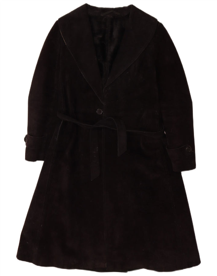 Vintage mujer shearling abrigo Reino Unido 10 pequeño cuero negro