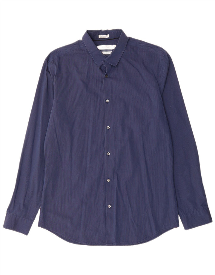 CALVIN KLEIN Camisa para hombre Talla 15 15 1/2 Mediana Azul marino Algodón a rayas