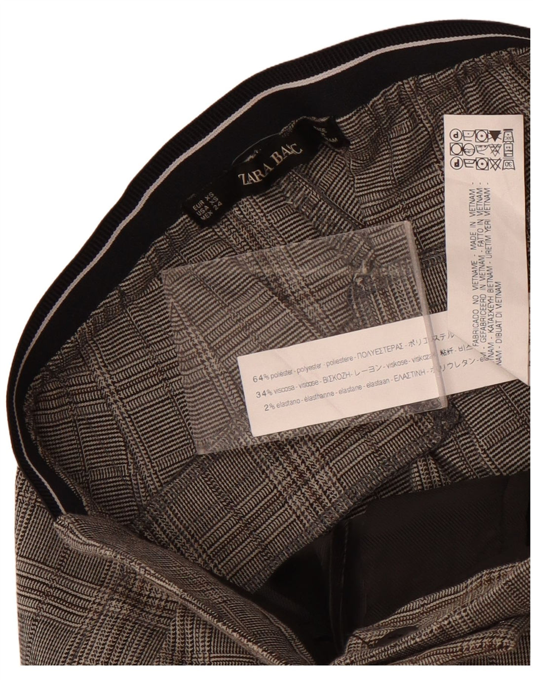 Zara Mujer Pantalón Traje Slim XS W24 L27 Gris Cuadros Poliéster