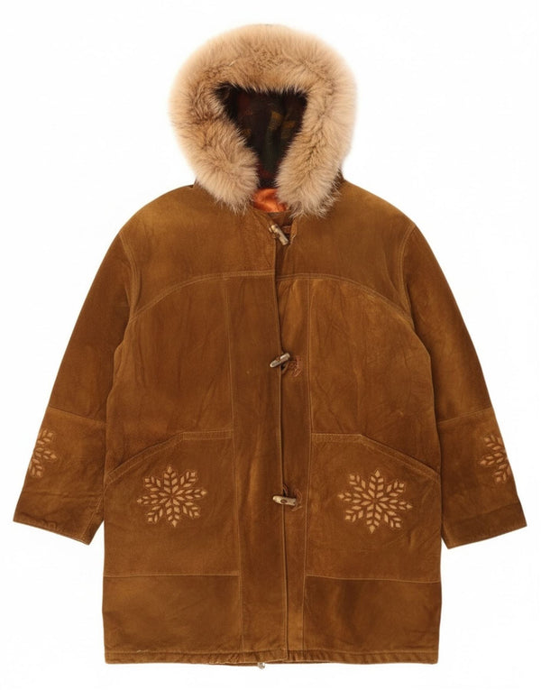 Vintage mujer oversize con capucha Duffle abrigo Reino Unido 14 grande marrón Fair Isle