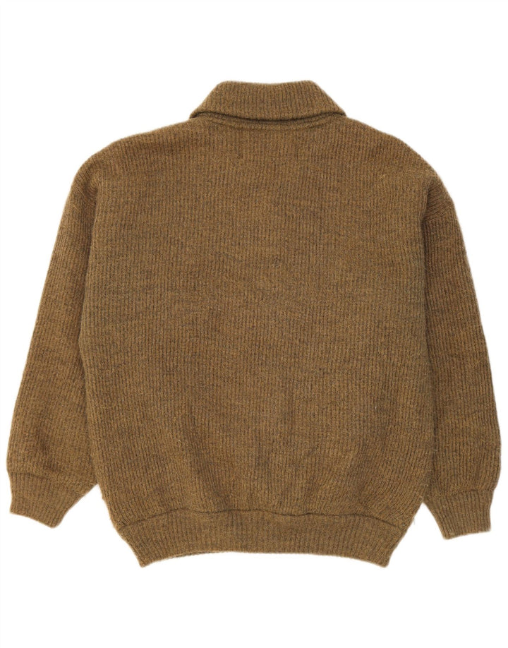 Vintage hombres Cardigan suéter medio caqui lana geométrica