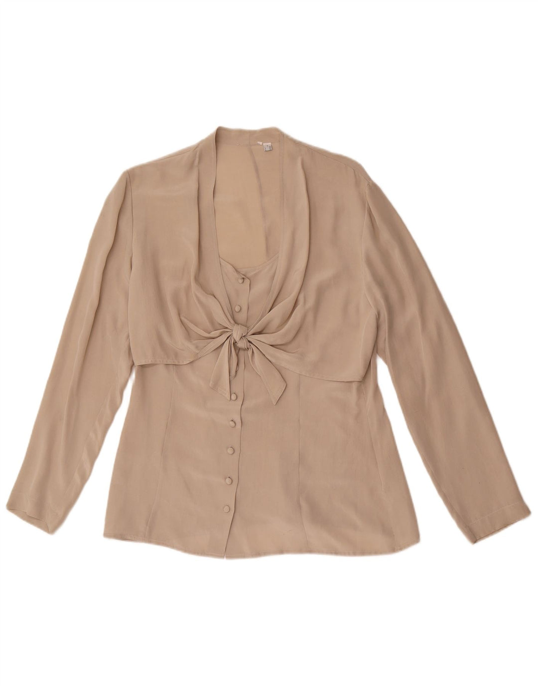 Vintage mujer frente corbata camisa blusa Reino Unido 14 seda beige grande