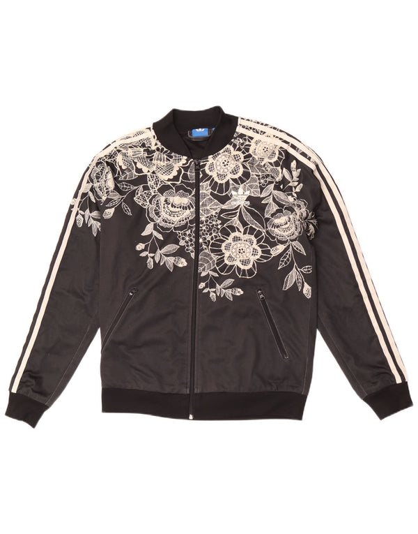 Adidas - Chaqueta de chándal gráfica para mujer, talla 40, talla mediana, color negro floral