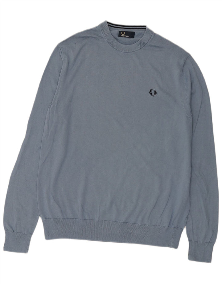 FRED PERRY Jersey de cuello redondo para hombre, jersey de algodón azul grande