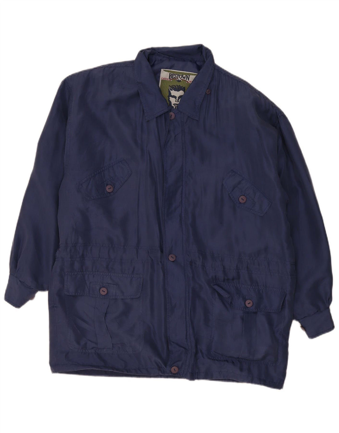 Vintage hombres suelta ajuste chaqueta utilitaria Reino Unido 36 seda azul pequeña