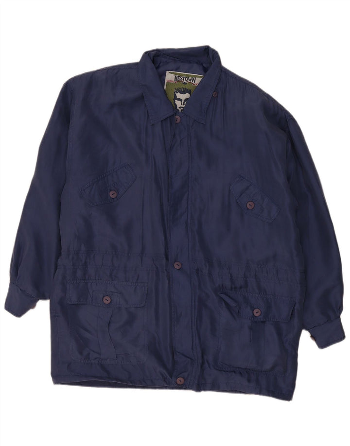 Vintage hombres suelta ajuste chaqueta utilitaria Reino Unido 36 seda azul pequeña