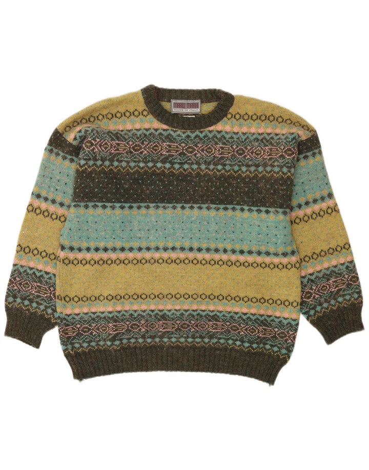 Vintage hombres cuello redondo jersey suéter medio multicolor Fair Isle