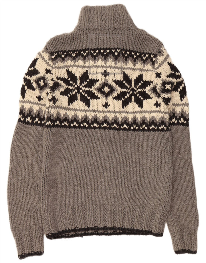 SUPERDRY Suéter tipo jersey con cuello y botones para hombre, lana Fair Isle gris grande