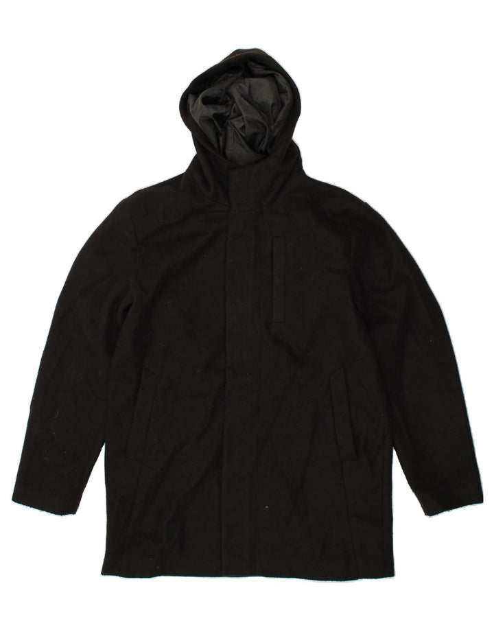 JACK & JONES Mens Hooded Overcoat UK 40 Large Black Polyester Vintage Jack & Jones and Second-Hand Jack & Jones from Messina Hembry 