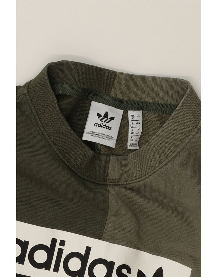 ADIDAS Womens Oversized Sweatshirt Jumper UK 12 Medium Khaki Colourblock Vintage Adidas and Second-Hand Adidas from Messina Hembry 
