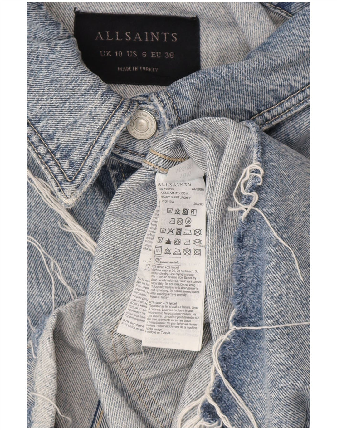 All Saints Chaqueta vaquera extragrande para mujer UK 10 Small Blue Cotton