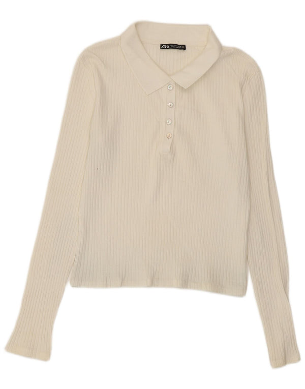 Zara - Polo corto de manga larga para mujer, talla 40, color blanco