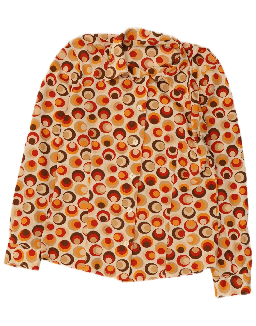 Vintage mujer camisa blusa Reino Unido 10 pequeña poliamida geométrica multicolor